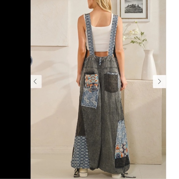 New:Oli & Hali Relaxed Fit Mixed Fabric Print Patchwork Wide Leg Overalls•Large - Picture 7 of 8